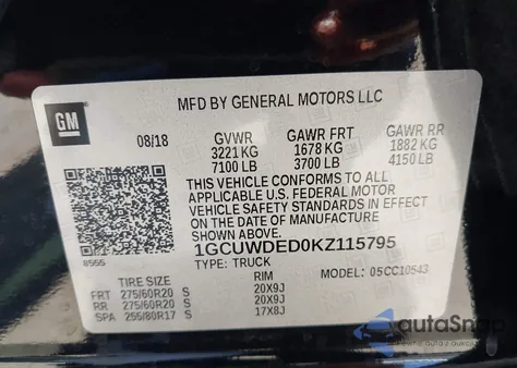 2019 Chevrolet Silverado 1500 Rst из США, поврежденный, VIN 1GCUWDED0KZ115795